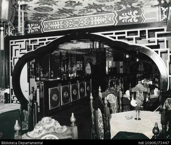 Vista de la decoración interior del Restaurante China. Fuente: Patiño, S. (1984), Cali. Santiago de Cali: Biblioteca Departamental Jorge Garcés Borrero.