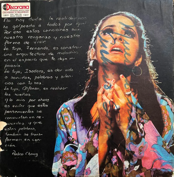 Contra carátula del disco Isadora (1973).
Fuente: Archivo Pedro Chang.

