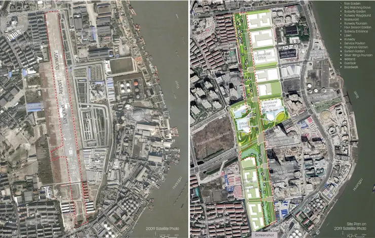 Parque de la Pista de Xuhui, antiguo aeropuerto de Shanghái. Foto: Google, Sasaki. Fuente: https://www.landuum.com/intervenciones/parque-de-la-pista-de-xuhui/.